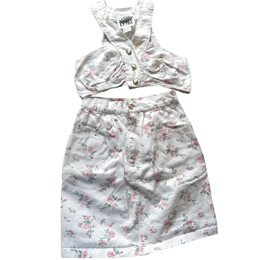 Extra Blues women's XS crop top and size 1 floral denim skirt vintage set